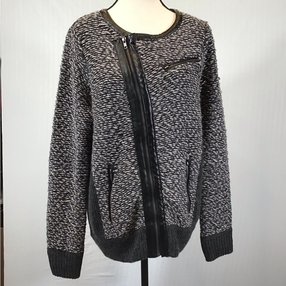 Cynthia Rowley Womens Sweater Jacket Size 1X Wool Asymmetrical Leather Knit Moto